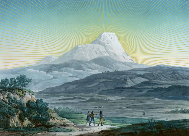 Wanderer erkunden eine malerische Landschaft, in der ein strahlender Berg die Kulisse dominiert und die Natur erblüht.