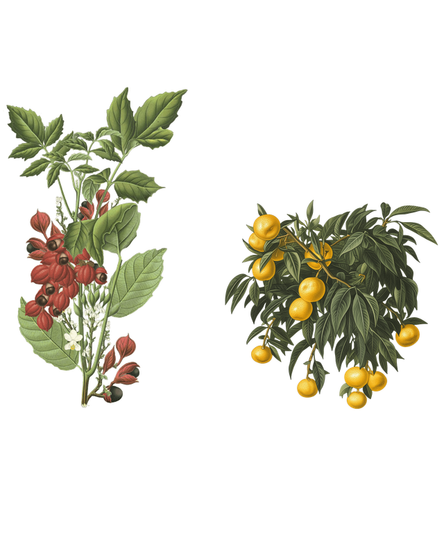 Eine detaillierte Illustration von zwei Pflanzen, eine mit roten Beeren und die andere mit leuchtend gelben Früchten.