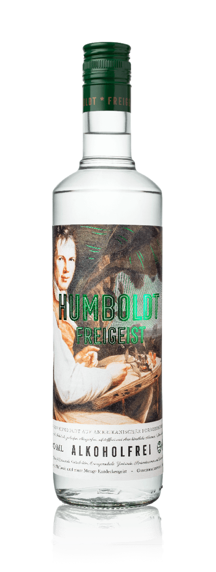 Eine Flasche mit dem Aufdruck 'Humboldt Freigeist', die ein Porträt eines Mannes in einem historischen Kontext zeigt.