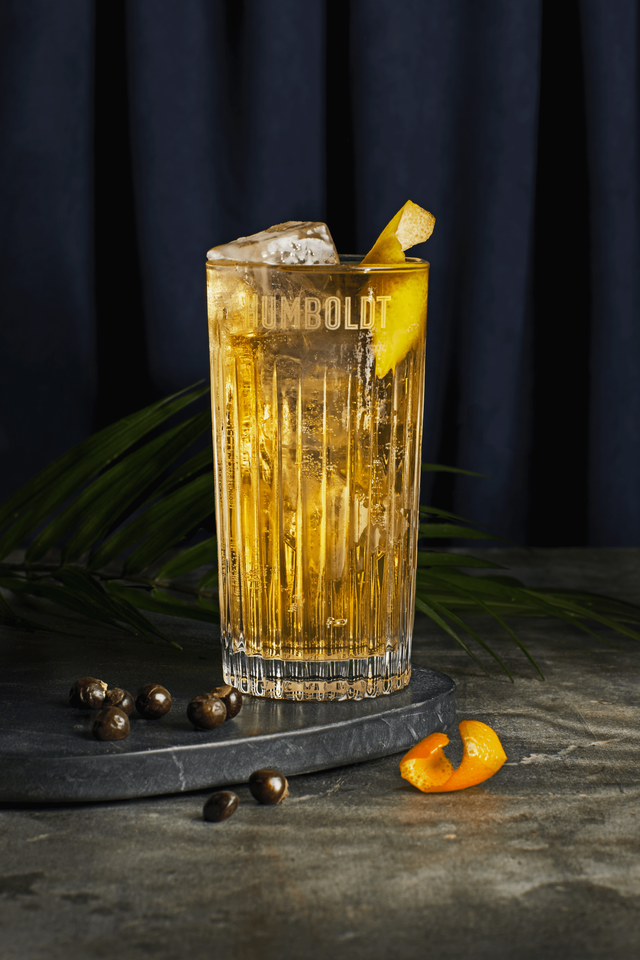 Das Glas mit dem goldenen Getränk steht auf einem dunklen Untergrund, umgeben von Kaffeebohnen und einer Orangenschale.