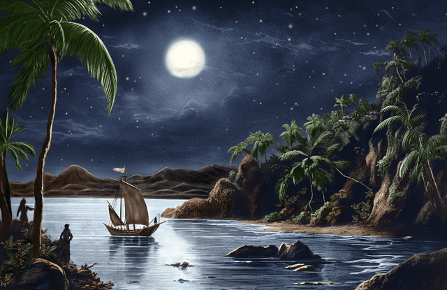 Eine ruhige Küstenlandschaft bei Nacht, beleuchtet vom Mond, mit einem Segelboot, das sanft auf dem Wasser schaukelt.