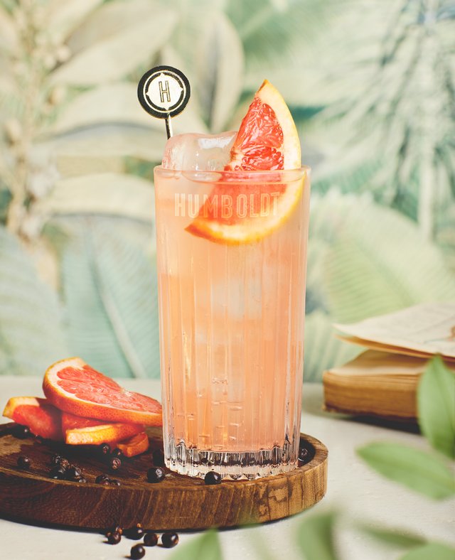 Ein erfrischender Cocktail in einem hohen Glas, garniert mit einer Orangenscheibe und Eiswürfeln, auf einem Holzbrett.