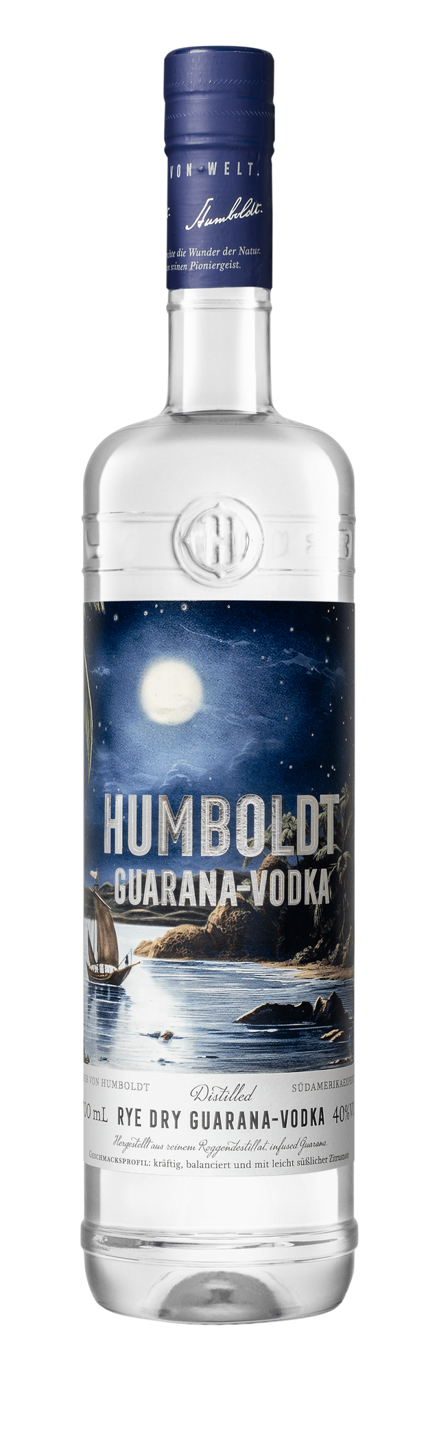 Humboldt Guarana-Vodka in einer stilvollen Flasche, die mit einem nächtlichen Himmel und einem leuchtenden Mond dekoriert ist.